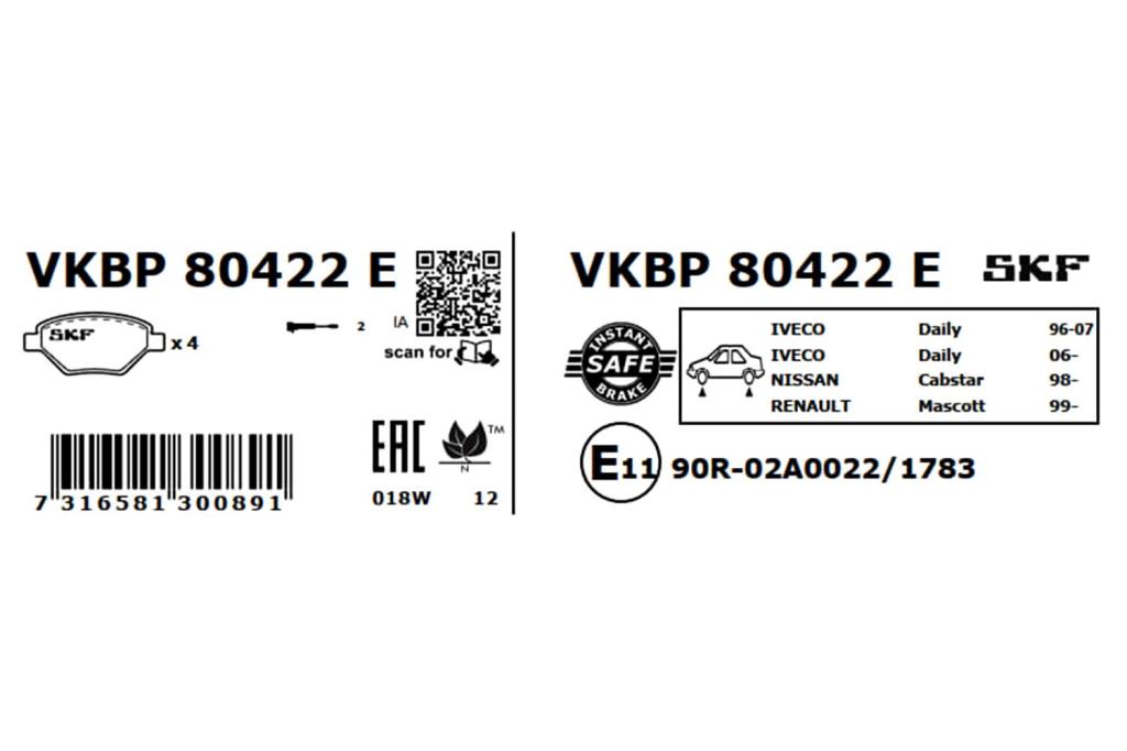 Jeu de 4 plaquettes de frein SKF ref. VKBP 80422 E